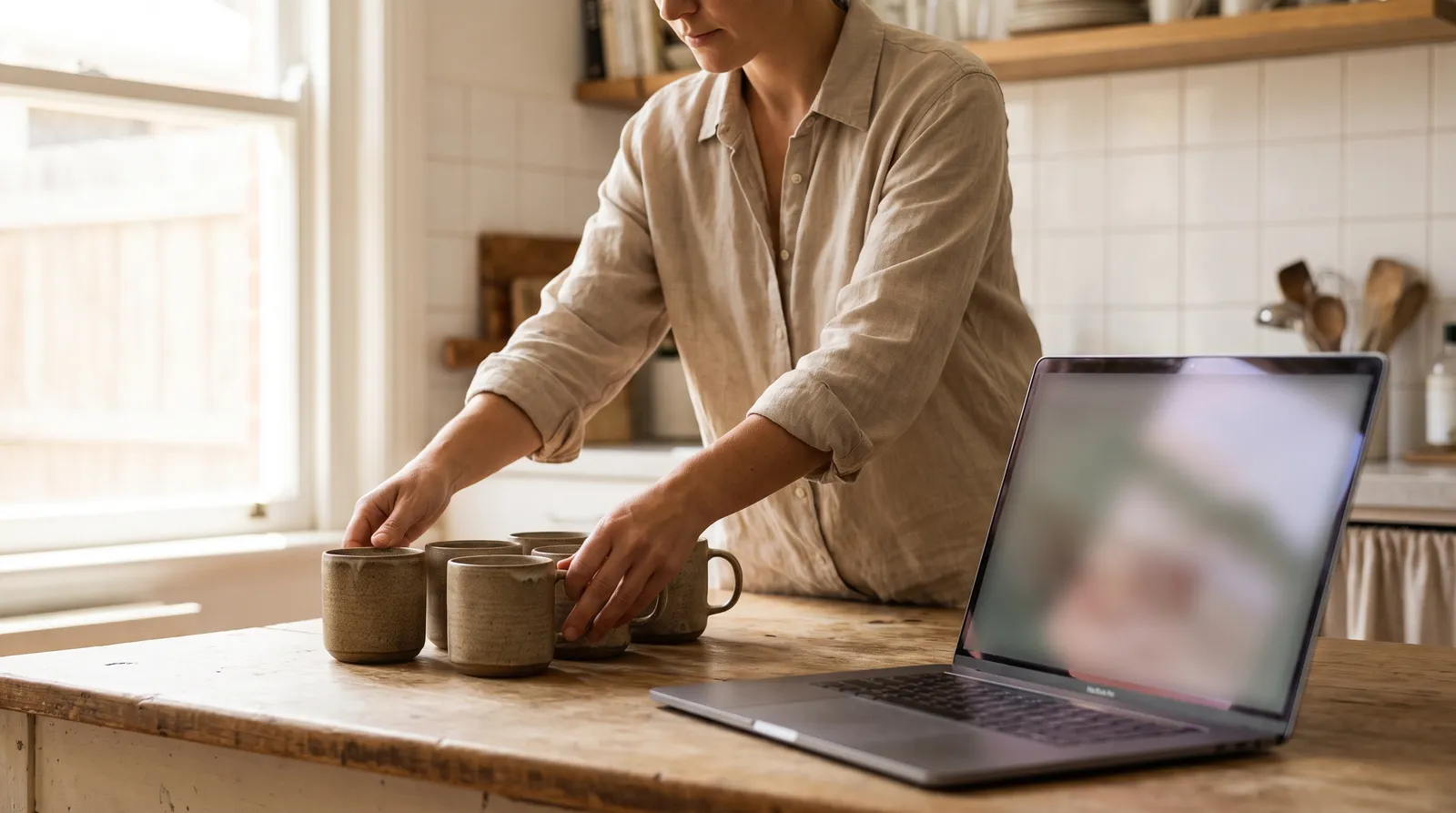 Small store owner arranging ceramic mugs beside a laptop while testing ai tools for ecommerce