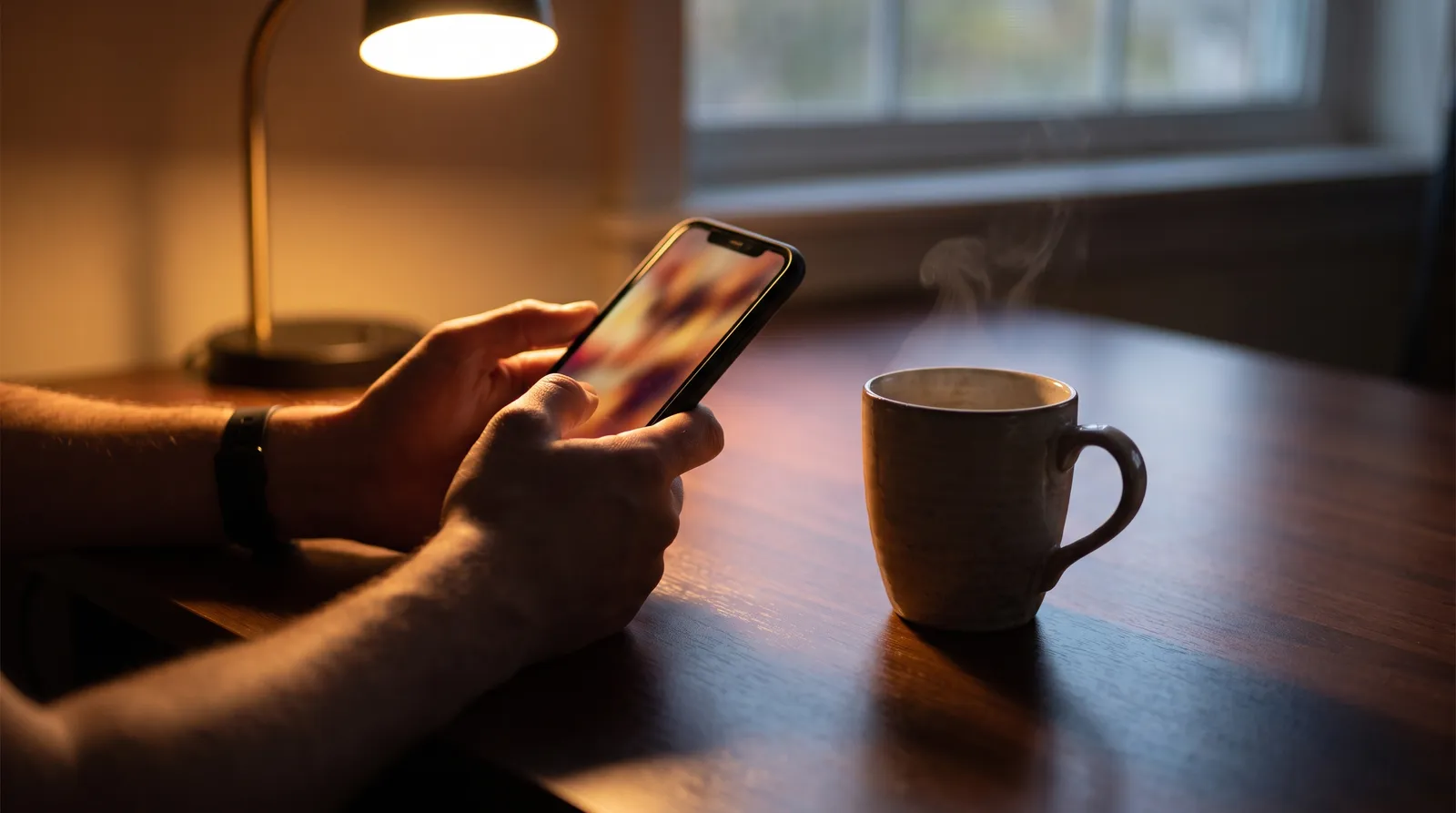 Hands holding a phone at an angle beside a steaming mug under a desk lamp at night