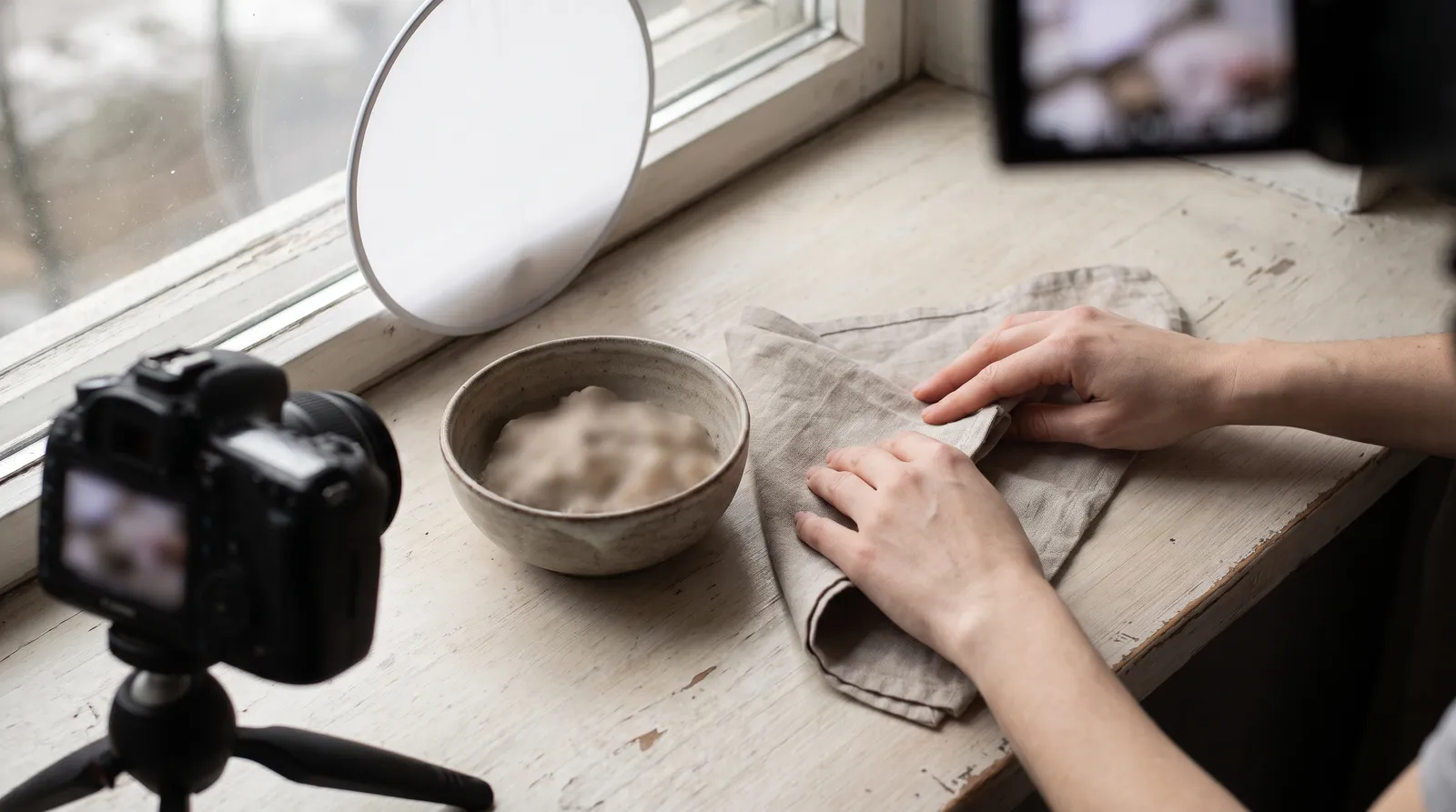 Hands styling a linen napkin and stoneware bowl on a windowsill next to a tripod camera