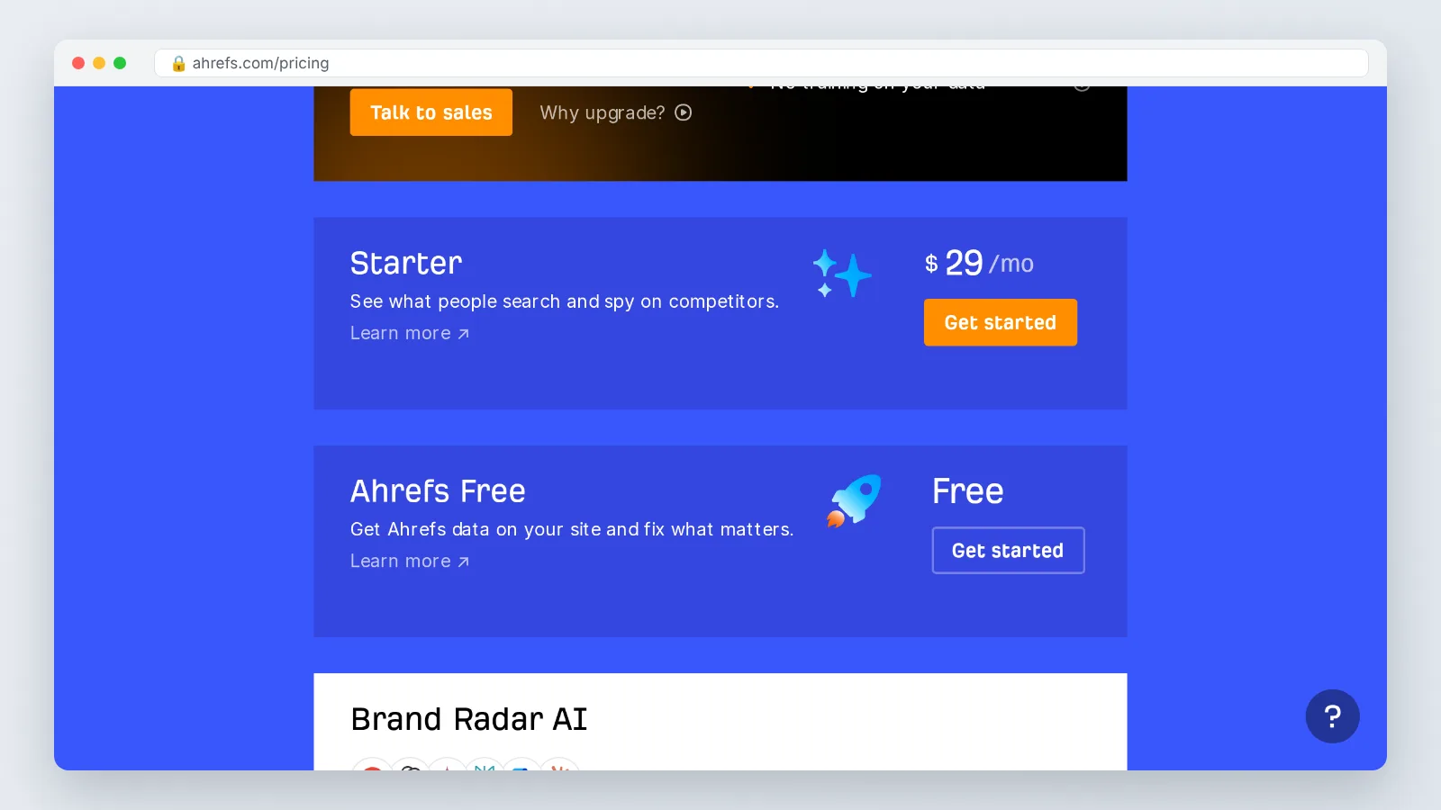 Ahrefs pricing page Starter plan, one of the AI SEO tools for small business owners