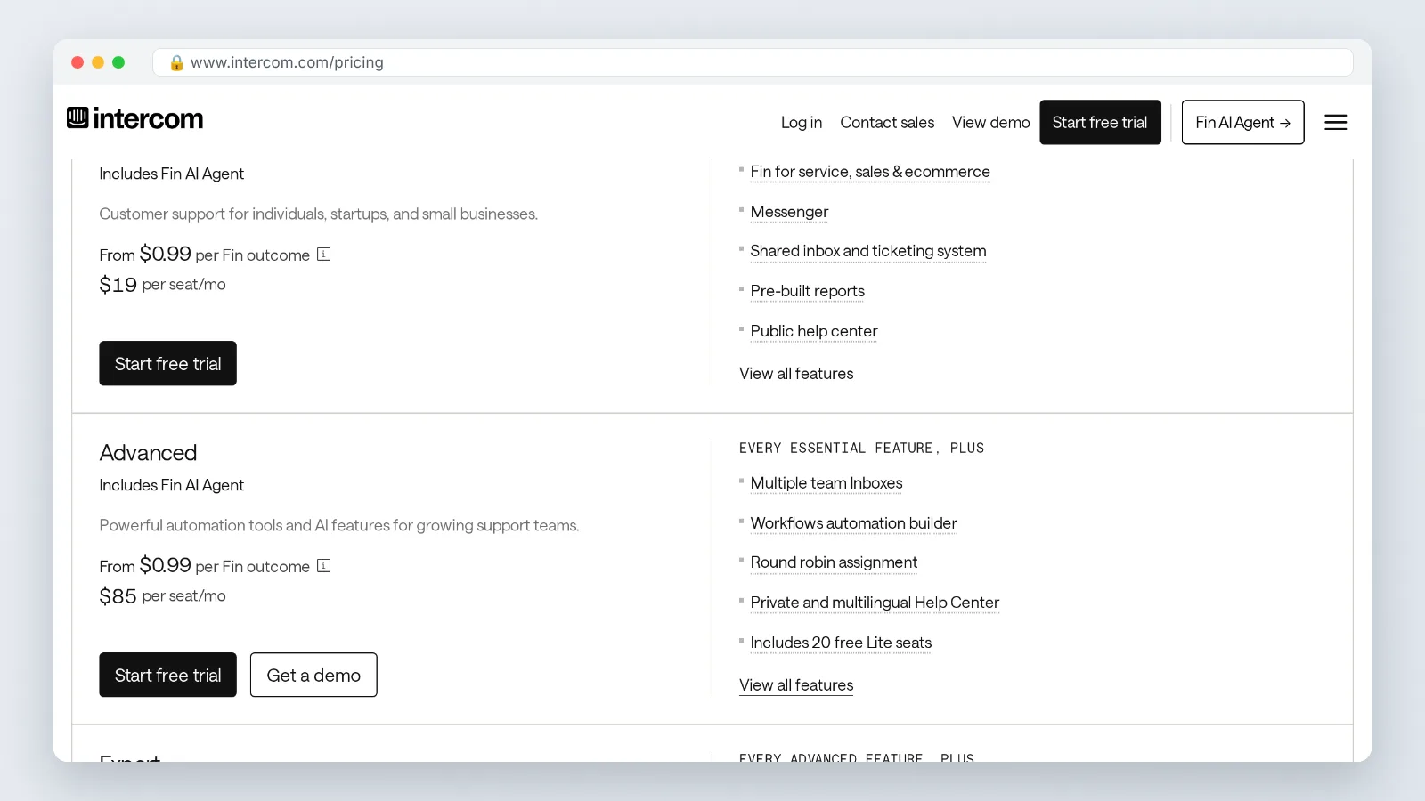 Intercom pricing page showing Fin AI Agent priced at $0.99 per resolution