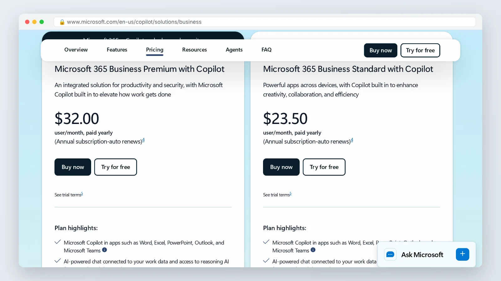 Microsoft Copilot for business page showing per-user monthly pricing for Microsoft 365 Business bundles