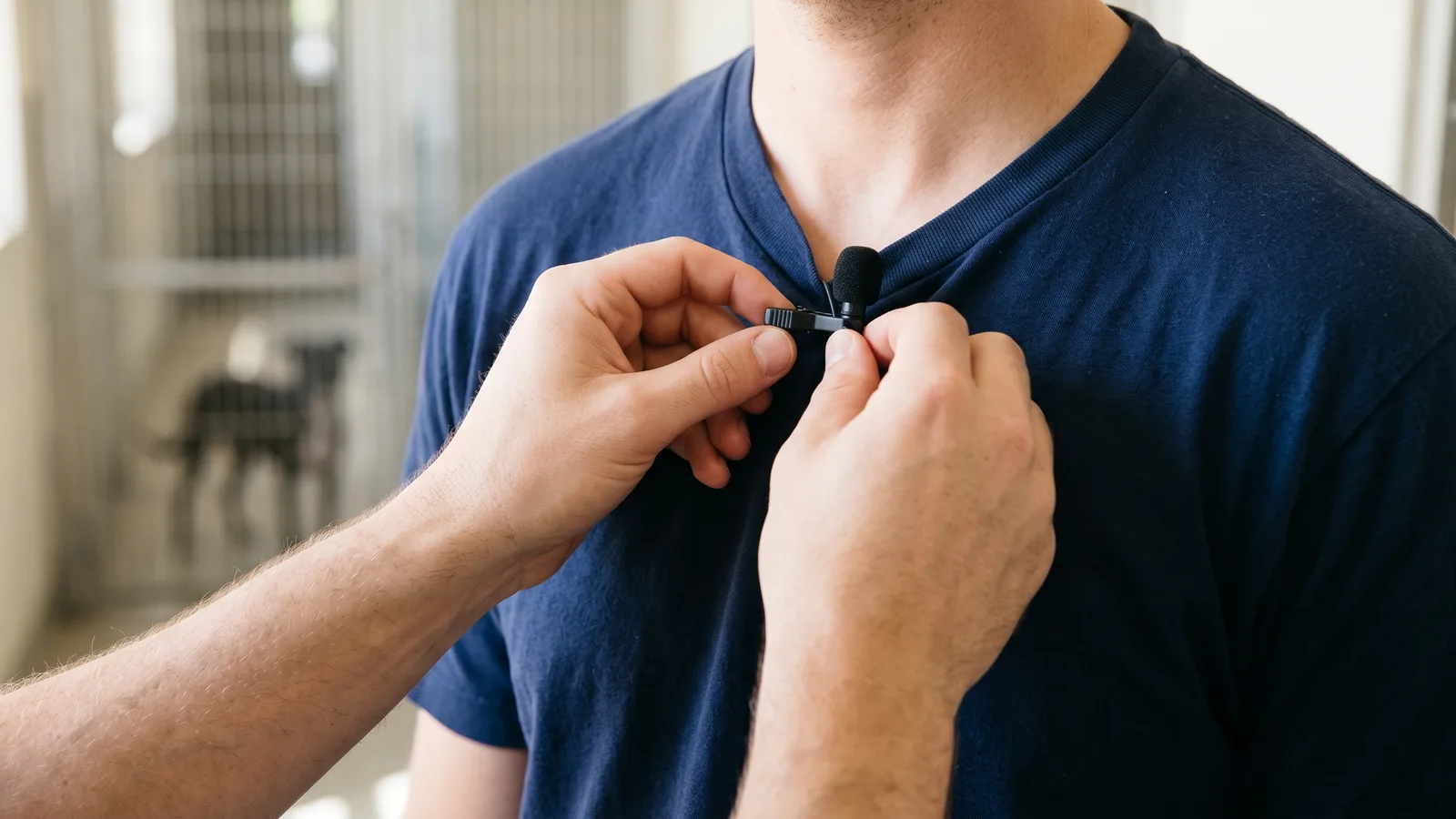 Two hands clipping a small black lavalier microphone onto a man's navy T-shirt collar