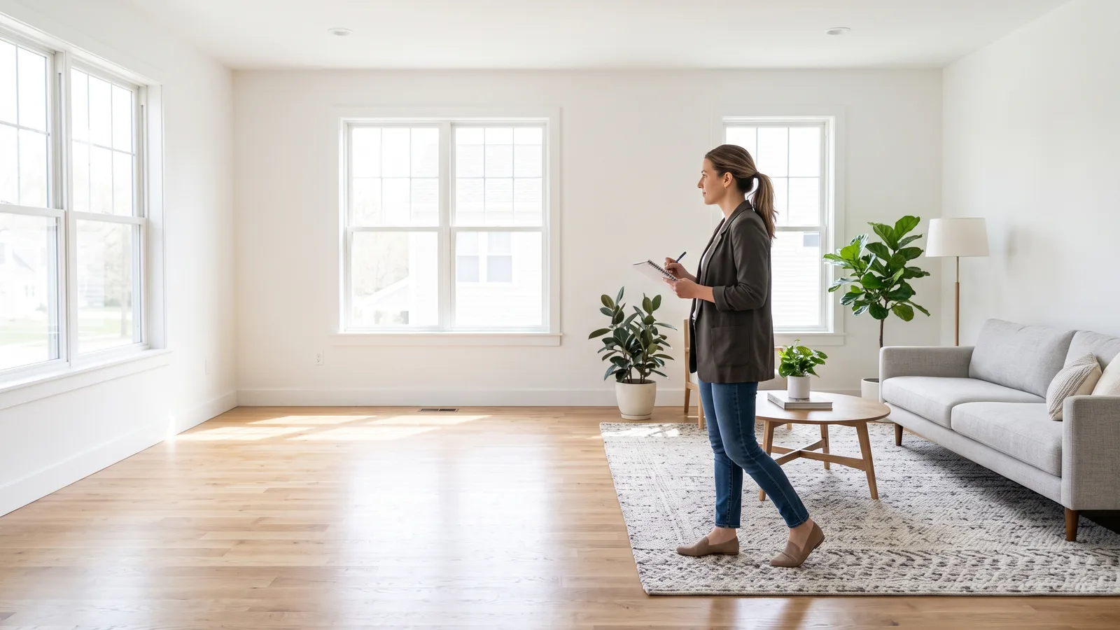 Woman with a clipboard stands in a bright, nearly empty living room with a sofa, rug and potted plants.