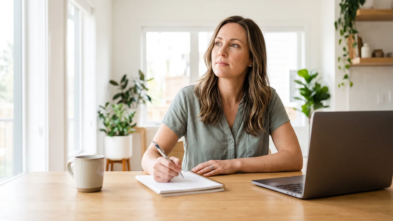 Woman at a light wooden table holds a pen over an open spiral notepad, mug nearby, laptop turned away from camera.