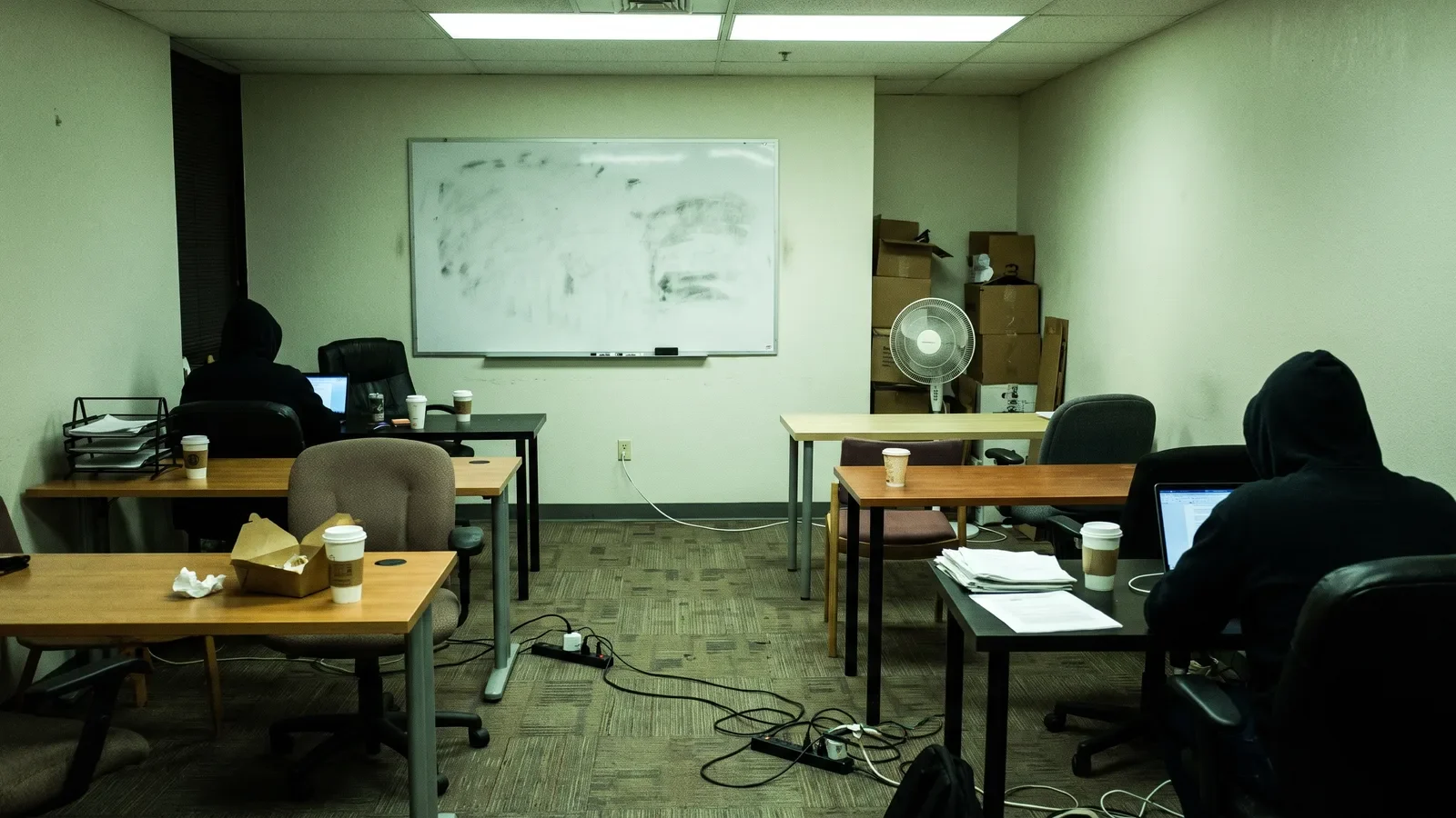 Small six-desk startup office at night, the kind of team running an ai tools for startups stack