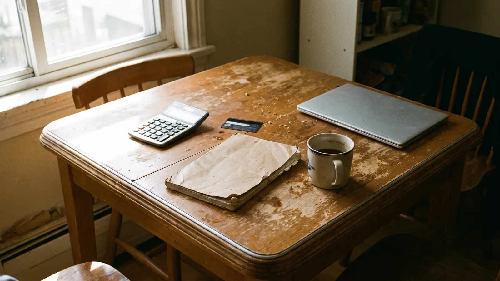 Calculator, bank card and closed notebook on a startup kitchen table used for budgeting