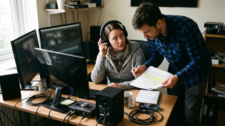 Video editor and colleague reviewing a highlighted printed music licence in an edit suite