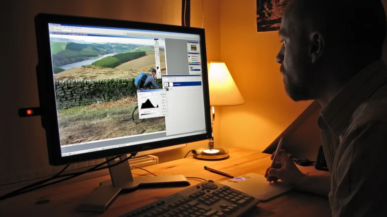 Retoucher at a calibrated monitor with pen tablet, illustrating best AI photo editing tools 2026