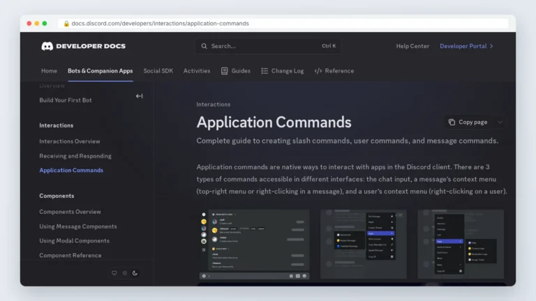 Discord developer documentation page describing chat input, user and message application commands