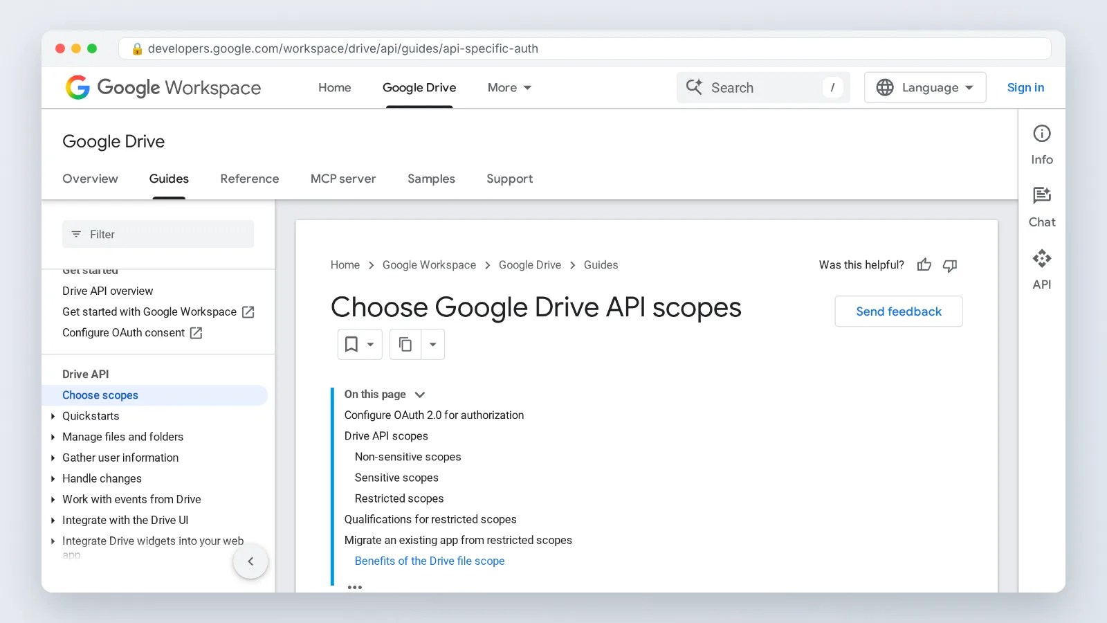 Google Drive API scopes documentation listing full-access and restricted file access scope descriptions.