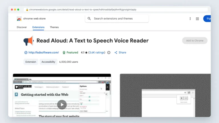 Chrome Web Store page for Read Aloud, a free text to speech Chrome extension, with Add to Chrome button