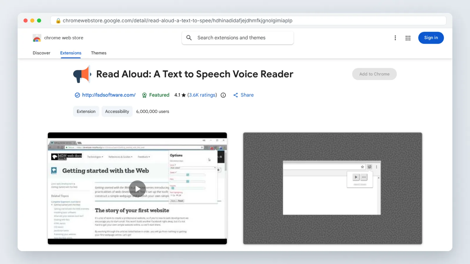 Google Chrome / Chrome Web Store screen: Add to Chrome button, permissions block, puzzle-piece menu pin and site access setti