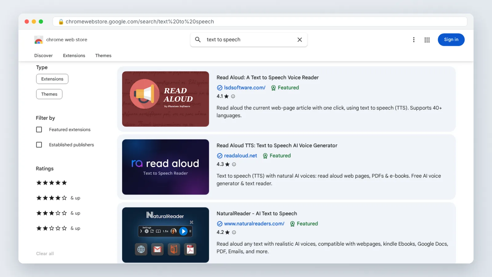Chrome Web Store screen: Search results for text to speech extensions, showing ratings and listing details