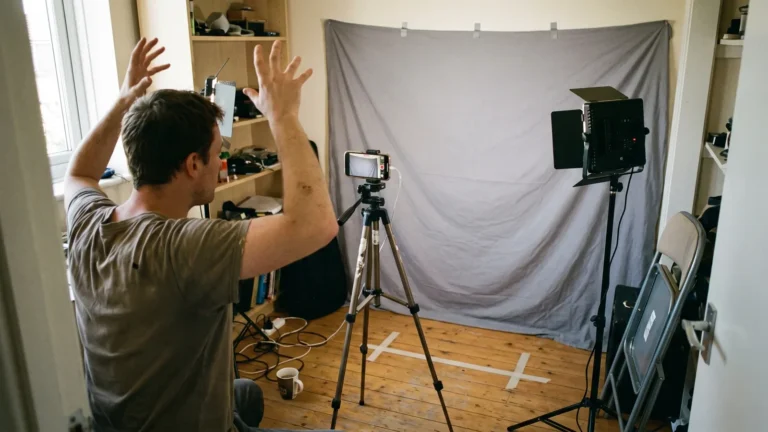 Creator recording a short driving motion clip on a tripod phone, a Viggle AI alternative workflow setup